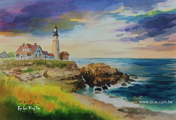Watercolor Painting of Portland Lead Light_painted by Lai Ying-Tse_美國波特蘭燈塔_緬因州_賴英澤 繪